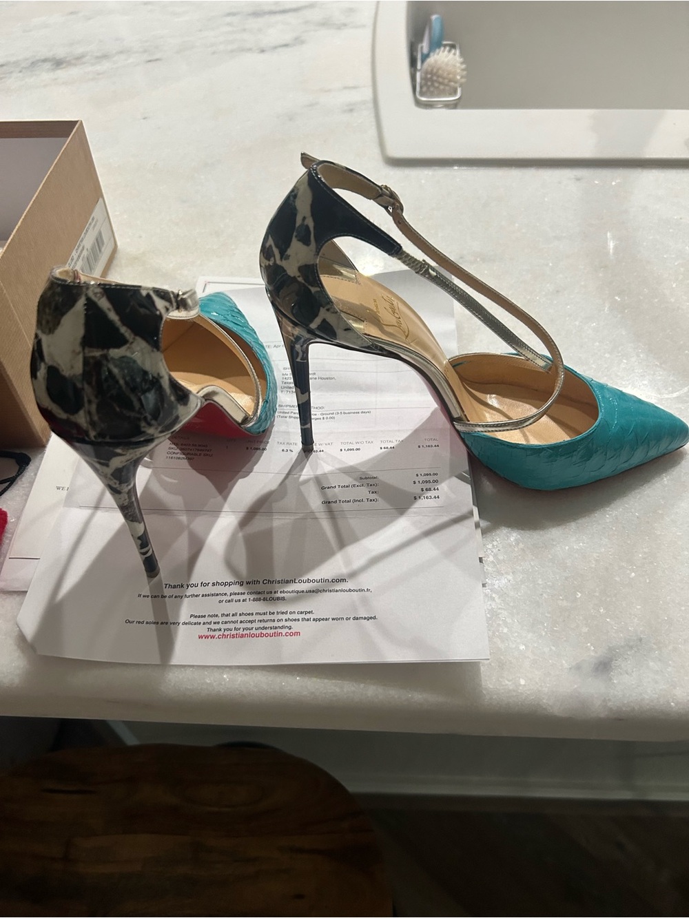 Christian Louboutin Teal and Black Mixed-Pattern Pointed Toe Pumps - Picture 2 of 3